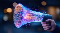 Glowing megaphone emitting magical sparkles and colorful light particles against dark background with bokeh effect, creating ethereal atmosphere for communication concept.