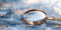 Vintage magnifying glass on glittery surface with golden sparkles and bokeh lights creating magical detective atmosphere against blue background.
