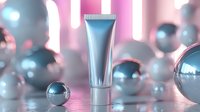 Metallic cosmetic tube with chrome spheres on pink background with neon lights, modern luxury skincare product presentation for beauty industry.