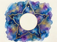 Watercolor galaxy mandala frame with cosmic colors and golden star pattern, isolated on transparent background for spiritual design projects.