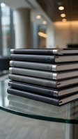 Stack of black leather notebooks with silver clasps on glass table in modern office interior for business planning and professional organization.