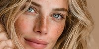 Young blonde woman with freckles and natural makeup looking at camera with green eyes and wavy hair against neutral background for beauty and skincare concepts.