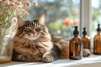 Fluffy tabby cat relaxing on windowsill next to pink flowers and amber glass bottles, perfect for pet care, wellness, and home decor product marketing.