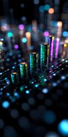 Glowing audio equalizer bars with colorful bokeh lights in dark background, creating futuristic atmosphere for music and sound visualization designs.