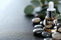 Essential oil dropper bottle with smooth spa stones and green leaves on dark slate surface for natural wellness and aromatherapy treatments.