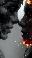 Two androgynous figures with glowing fire and ice effects merging in profile, symbolizing contrast, duality, and emotional intensity for creative and conceptual projects.