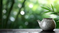 Ceramic teapot with speckled glaze on wooden surface against blurred green bamboo forest background. Natural zen atmosphere for tea ceremony and relaxation.