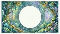 Enchanted forest frame with mystical vines, flowers and magical elements surrounding circular white space for text or design on fantasy background.