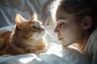 Young woman with ginger cat lying on white bed in morning sunlight, tender moment between pet owner and feline companion creating cozy atmospheric scene.