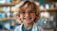 Young boy with blonde curly hair and glasses smiling at camera in laboratory setting, wearing blue shirt and white coat for science education and healthcare concepts.