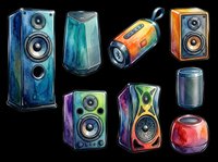 Colorful speaker collection featuring isolated audio devices in various shapes and sizes, including portable and stationary models. Transparent background, ready for t-shirt design, clipart, stickers, sublimation, and print-on-demand projects.