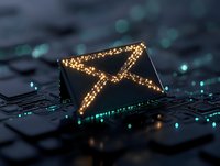 Glowing email envelope icon on computer circuit board with golden light particles and turquoise bokeh effects, digital communication concept.