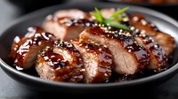 Sliced duck breast with sweet teriyaki glaze and sesame seeds served on black plate, garnished with fresh herbs. Close up view of gourmet Asian cuisine.