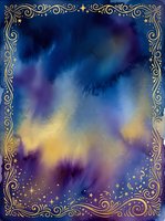 Watercolor night sky with deep blue, purple, and golden yellow hues, ornate gold filigree border with stars, mystical atmosphere for fantasy, celestial, or magical design projects.