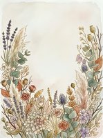 Watercolor botanical frame with dried flowers, lavender, roses, and wheat on cream background, isolated for wedding invitations, greeting cards, and design projects.
