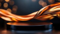 Abstract golden wave flowing over dark cylindrical platform with warm bokeh lights creating elegant product display background for luxury presentations.
