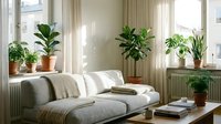 Modern living room with curved gray sofa, potted green plants on windowsills and floor, natural light from large windows, neutral beige walls, wooden coffee table with books, contemporary home interior design.