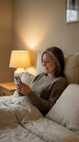 Middle-aged woman of Asian descent relaxing in bed at night, using smartphone with warm lamp lighting. Cozy bedroom scene for lifestyle and technology content.