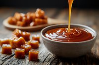Golden caramel sauce pouring into ceramic bowl with caramel candy cubes on wooden spoon and table, dark background for dessert recipes.