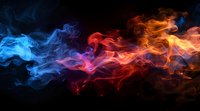 Vibrant red, orange and blue smoke swirls against black background creating dramatic contrast of hot and cold elements for abstract design projects.