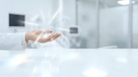 Open palm gesture of a professional in white shirt presenting or offering services in modern office environment with blurred background.