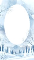 Winter watercolor frame with snowy forest landscape, bare branches and falling snow creating elegant oval border for seasonal greeting cards and invitations.