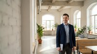 Caucasian male professional in dark blazer standing in bright, modern loft space with marble walls, wooden beams, and potted plants. Suitable for business, corporate, and lifestyle editorial use.