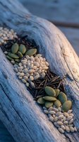 Assorted spices and seeds arranged in rustic wooden bowl including cardamom, coriander, cumin and pumpkin seeds for culinary cooking and seasoning.