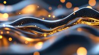 Abstract flowing waves with glowing golden particles and bokeh lights against dark background create luxurious dynamic composition for modern design projects.
