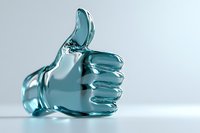 Transparent glass thumbs up gesture symbol on white background for approval, success and positive feedback concepts in business presentations.