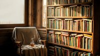 Cozy reading corner with comfortable armchair and floor-to-ceiling bookshelf filled with books in warm sunlit home library interior for relaxation.