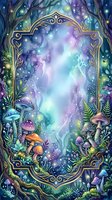 Enchanted forest portal with ornate golden frame, glowing mushrooms, magical plants, and ethereal light effects in purple, blue, and green tones, suitable for fantasy artwork, book covers, and mystical designs.