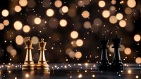 Chess kings and queens silhouetted against glowing golden bokeh lights creating dramatic contrast between black and white pieces on reflective surface.