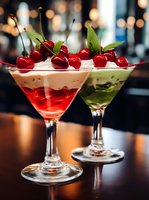 Layered dessert cocktails in martini glasses garnished with fresh cherries and mint leaves, featuring cream and colorful syrups against dark background with bokeh lights.