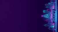 Neon glowing geometric shapes and tech elements arranged vertically on dark purple background, featuring futuristic digital design with cyan and magenta lights for modern technology concepts.