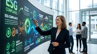 Professional businesswoman presenting ESG compliance data on interactive digital display in modern corporate office environment.
