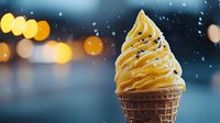 Soft serve vanilla ice cream swirled in waffle cone against blurred bokeh lights and raindrops background creates dreamy summer atmosphere.