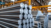 Stacked metallic steel or aluminum round bars in industrial warehouse with overhead crane. Raw materials for manufacturing and metallurgy production process.