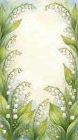 Watercolor lily of the valley floral frame with white bell flowers and green leaves, soft pastel background with copy space for text.