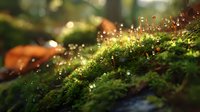 Vibrant moss with dew drops in morning sunlight, creating magical forest atmosphere with bokeh effect and tiny red mushroom caps.
