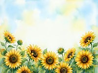 Watercolor sunflower border frame with yellow blooms and green leaves on white background for greeting cards, invitations and summer designs.