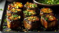 Glazed pork belly cubes with fresh herbs on dark baking tray. Caramelized meat portions with green garnish for gourmet cooking and restaurant menu concepts.