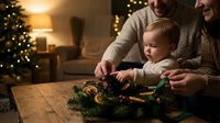 Happy family with baby decorating Christmas wreath together in cozy living room with tree lights creating warm holiday atmosphere at home.