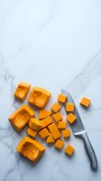 Fresh butternut squash cubes and chunks with kitchen knife on white marble surface for healthy cooking and meal preparation.