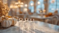Autumn still life with white pumpkins and small glass bottles on marble table, soft bokeh background creates cozy atmosphere for seasonal decor.