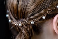 Elegant braided hairstyle decorated with delicate pearl and gold wire hair accessories, close-up view showing intricate weaving pattern and styling details.