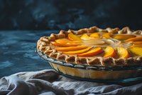 Fresh peach pie with lattice crust and sliced fruit arrangement on dark background with linen napkin, homemade summer dessert in glass baking dish.