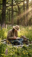 Man in hat writing in journal on blanket in sunny forest meadow with wildflowers during golden hour for peaceful outdoor reading and nature connection.