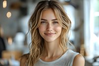 Young Caucasian woman with blonde wavy hair and natural makeup smiling warmly at camera. Wearing casual grey sleeveless top in soft bokeh cafe interior setting.