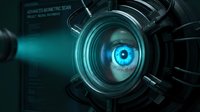 Advanced biometric eye scan technology with glowing blue iris and digital interface overlay for security and identification systems.